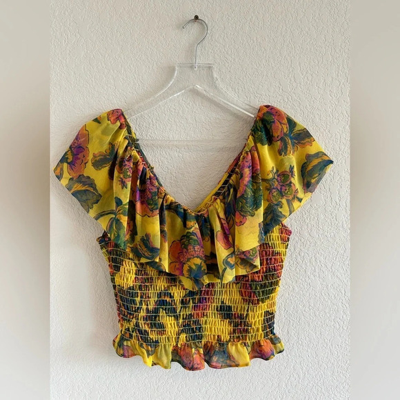 NWT MISA Los Angeles Cara Floral-Print Ruffle Smocked Top in Grand Canary Yellow - Picture 6 of 14